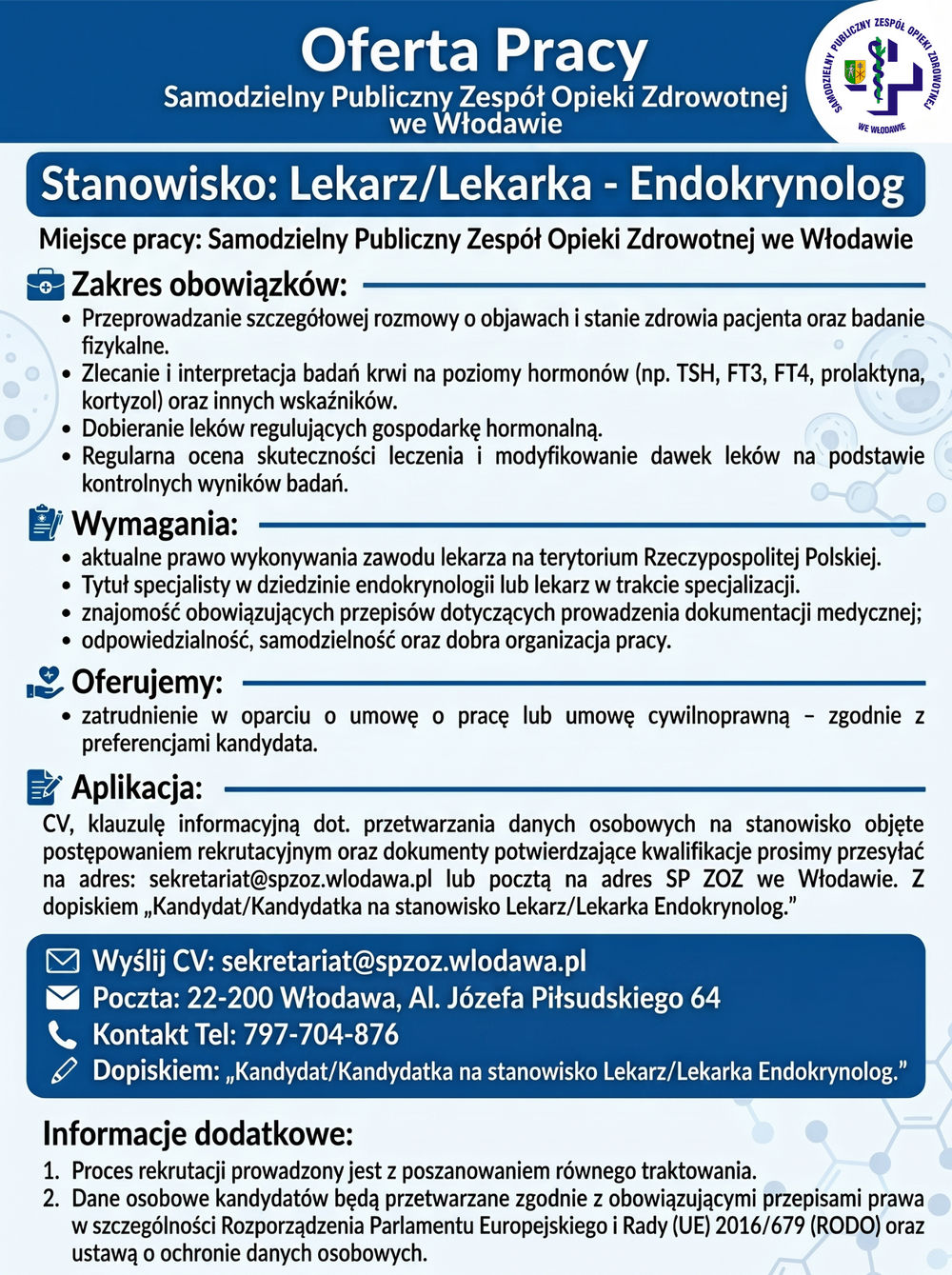 Oferta pracy dla lekarza endokrynologa z wypunktowanymi wymaganiami