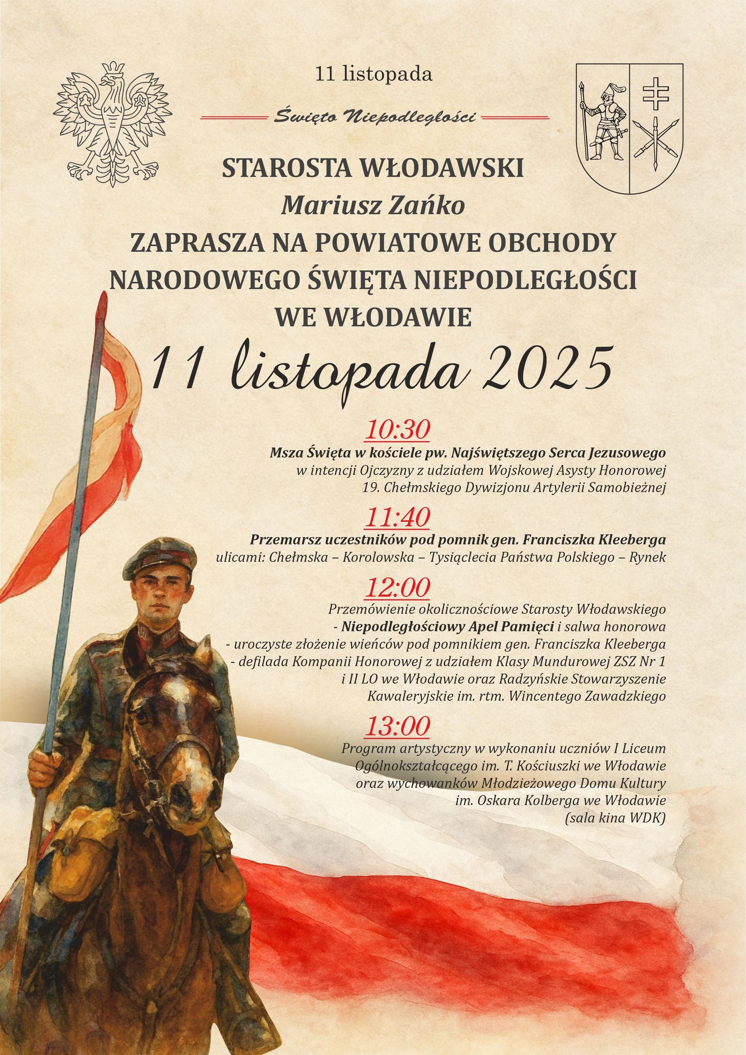 Starosta włodawski Mariusz Zańko zaprasza na powiatowe obchody narodowego święta niepodległości we Włodawie.